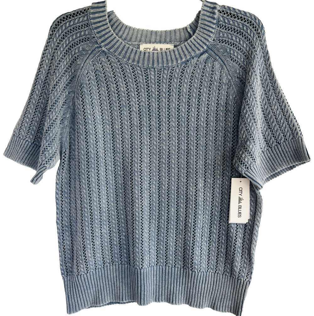 City Blues Womens L Crochet Acid wash Knit Short Sleeve Top Cotton Blue Pullover